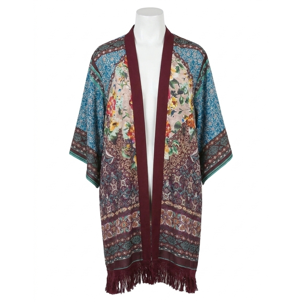 NEW UMGEE mix kimono with fringe in maroon
